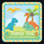 Cute Colorful Dinosaur Friends Birthday Fyrkantigt Klistermärke<br><div class="desc">Färgstarka dinosaurivänner utformade med tropiska träd och solljus,  med dinosaurieägg och avtryck klämmor på en baksida av stripessblått,  grönt,  gult och orange</div>