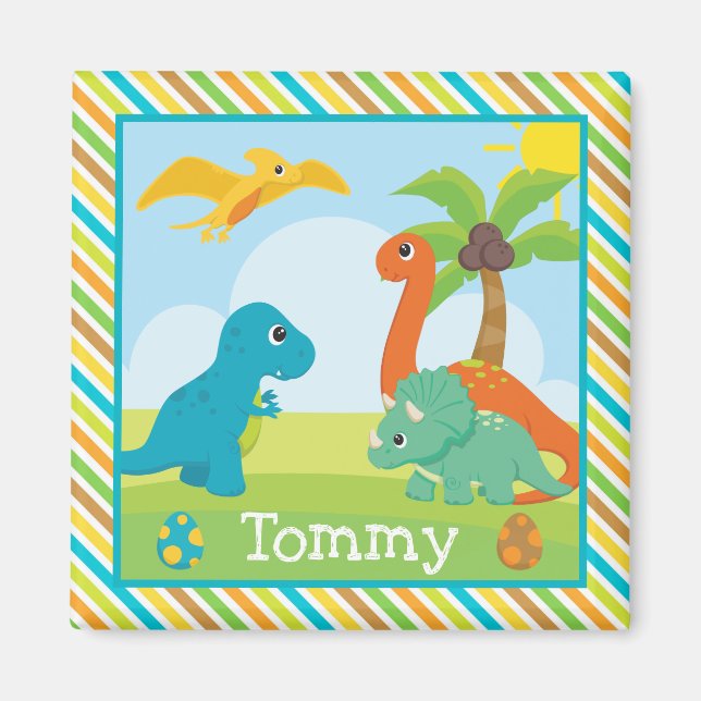 Cute Colorful Dinosaur Friends Kids Magnet (Framsidan)