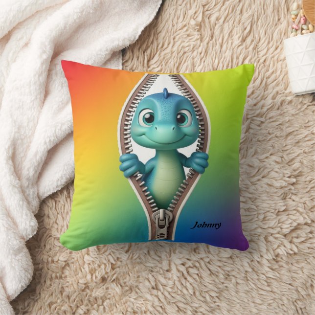 Cute Colorful Dinosaur Kids Personlig Namn Kudde (Filt)