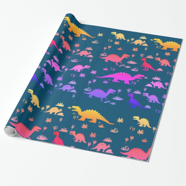Cute Colorful Dinosaurs Mönster Presentpapper (Utrullad)