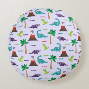 Cute Colorful Dinosaurs och Volcanos Rund Kudde