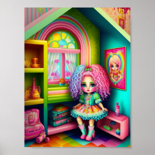 Cute Colorful Doll i ett Dollhouse Poster