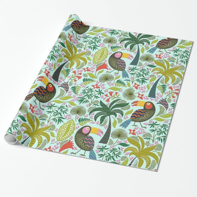Cute Colorful Exotic Birds and Flowers Mönster Presentpapper (Utrullad)
