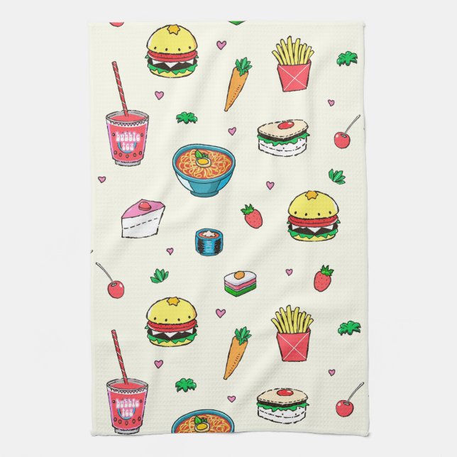 Cute Colorful Food Mönster on White Kökshandduk (Vertikal)