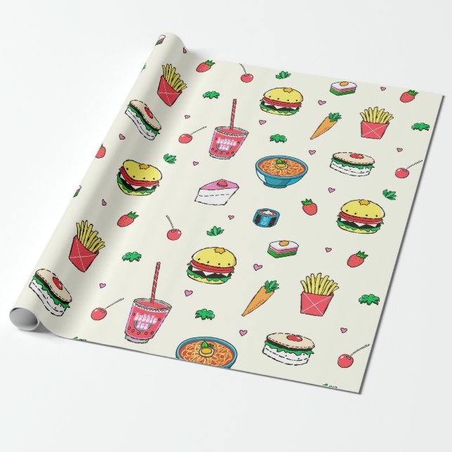 Cute Colorful Food Mönster on White Presentpapper (Utrullad)
