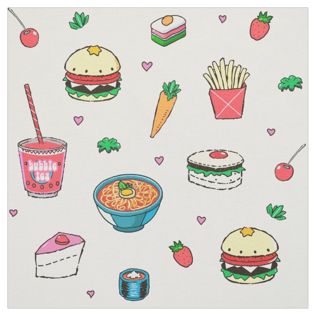 Cute Colorful Food Mönster on White Tyg (Provkarta)