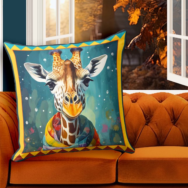 Cute Colorful Giraffe Animal Art Kudde (Pillow featuring a painting of a cute and colorful giraffe - fine art - winter gift)