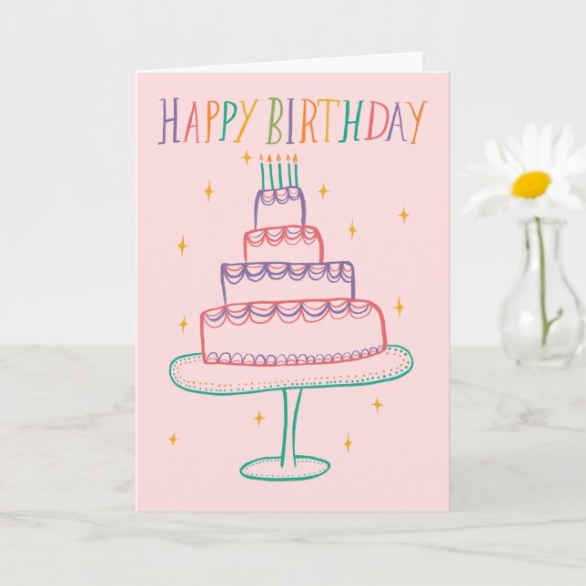 Cute Colorful Grattis på födelsedagen Cake Sketch  Kort (Liten växt)