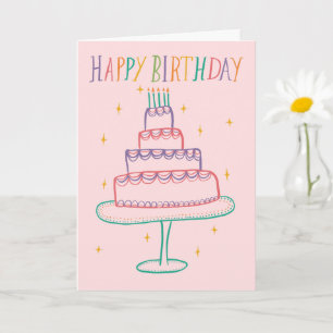 Cute Colorful Grattis på födelsedagen Cake Sketch Kort