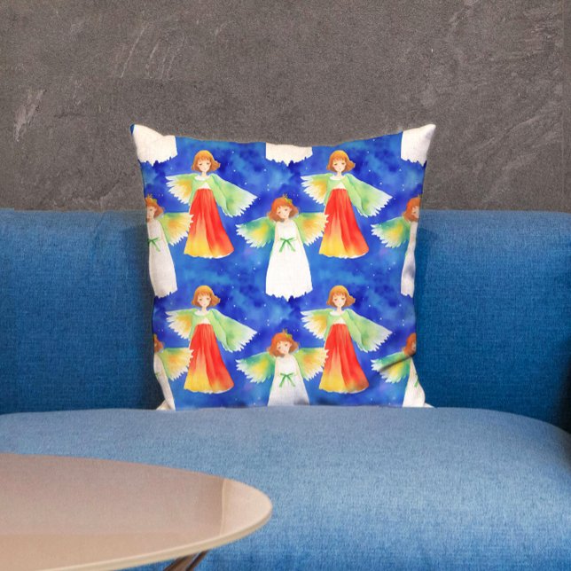Cute Colorful Guardian Änglar Blue Watercolor Kids Kudde (Skapare uppladdad)