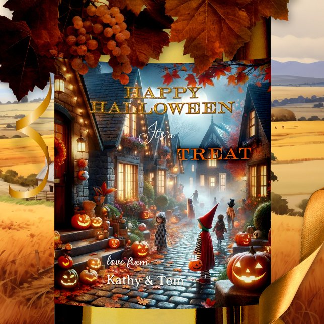Cute Colorful Halloween Treat Vinflaska Etikett (Halloween wine label featuring children going door to door for a treat)