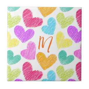 Cute Colorful Heart Pastel Valentine Kärlek Monogr Kakelplatta