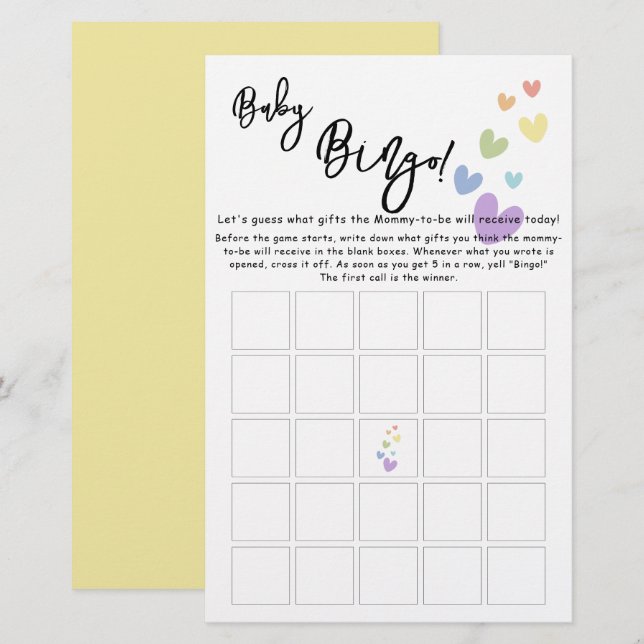 Cute & Colorful Hearts Baby Bingo Game Flyer (Fram/baksida)