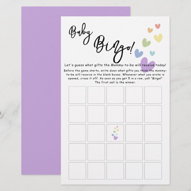 Cute & Colorful Hearts Baby Bingo Game Flyer (Fram/baksida)