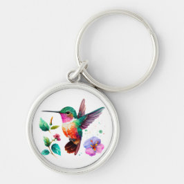 Cute Colorful Hummingbird och blommor Rund Silverfärgad Nyckelring