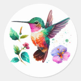 Cute Colorful Hummingbird och blommor Runt Klistermärke