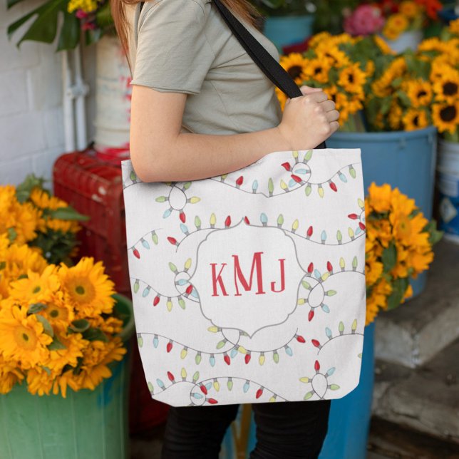 Cute Colorful jul Monogram Ljus Tygkasse (Christmas holiday string lights monogram tote bag)