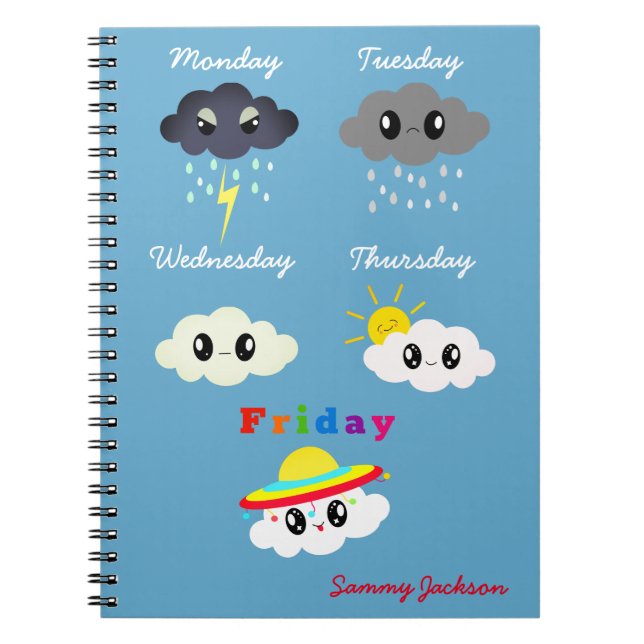 Cute Colorful Kawaii Clouds Helg TGIF Fri-yay Anteckningsbok (Framsidan)