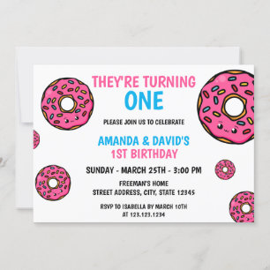 Cute Colorful Kawaii Donut Twin Joint 1st Birthday Inbjudningar