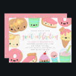 Cute Colorful Kawaii Sweet Inslag Kids' Birthday Inbjudningar<br><div class="desc">Ett sådant speciellt tillfälle förtjänar ett mycket sött firande. Den här söta barnens födelsedag är perfekt för sommarfödelsedagar. Kawaii-pannkakor,  rost,  glaserade munkar,  kakor,  cupaka och smoothie. Ett sött skripttypsnitt visas i färglöst pastel färg. Återvänd till en roligt rosa donut sprinkle mönster.</div>