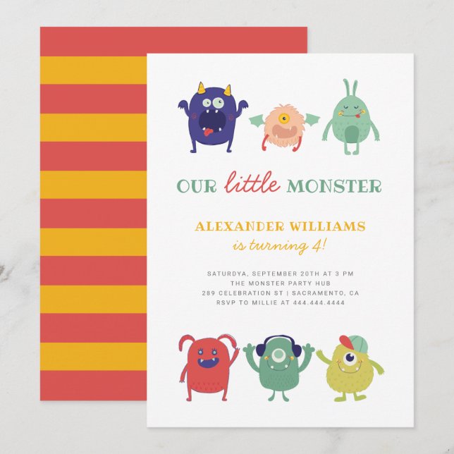 Cute Colorful Little Monster Barn Birthday Inbjudningar (Fram/baksida)