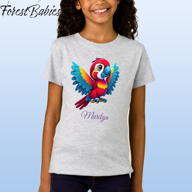Cute Colorful Macaw Parrot Bird Tecknad Graphic T Shirt (Macaw, Gray Customizable ForestBabies T-shirt - Front)