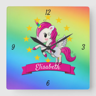 Cute Colorful Magic Unicorn Kids Namn Fyrkantig Klocka