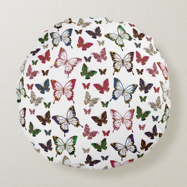 Cute Colorful Marble Butterfly Vår Mönster Rund Kudde (Framsidan)