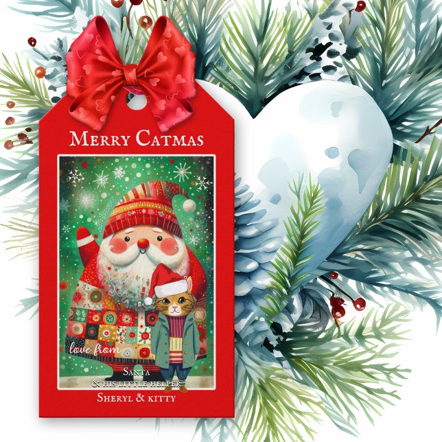 Cute Colorful Merry Catmas jul Presentetikett (A cute Christmas Holidays gift tag featuring Santa with a kitty helper in festive colors)