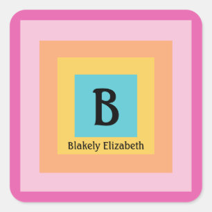 Cute & Colorful Monogram Brev Namn Girly Roligt Fyrkantigt Klistermärke