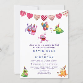 Cute Colorful Monsters Hearts Boy First Birthday Inbjudningar