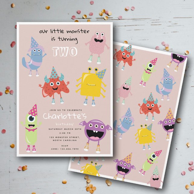 Cute Colorful Monsters Rosa Flick kalas Inbjudningar (Cute Colorful Monsters Pink Girls Birthday Party Invitation)