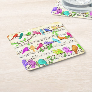 Cute Colorful Musical Birds Symphony - Lycklig Sån Underlägg Papper Kvadrat
