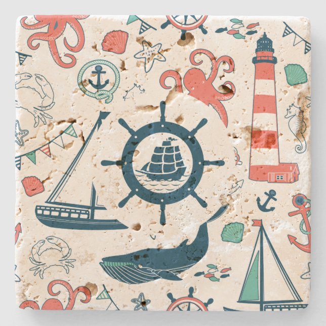 Cute Colorful Nautical Mönster med fartygshjul Underlägg Sten (Framsidan)