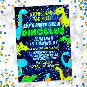 Cute Colorful Neon Dinosaur Boy Dino Birthday Inbjudningar