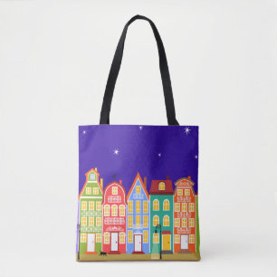 Cute Colorful Old Town Night Walking Cat Bag Tygkasse
