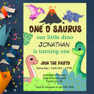 Cute Colorful One O Saurus 1st Dinosaur Birthday Inbjudningar