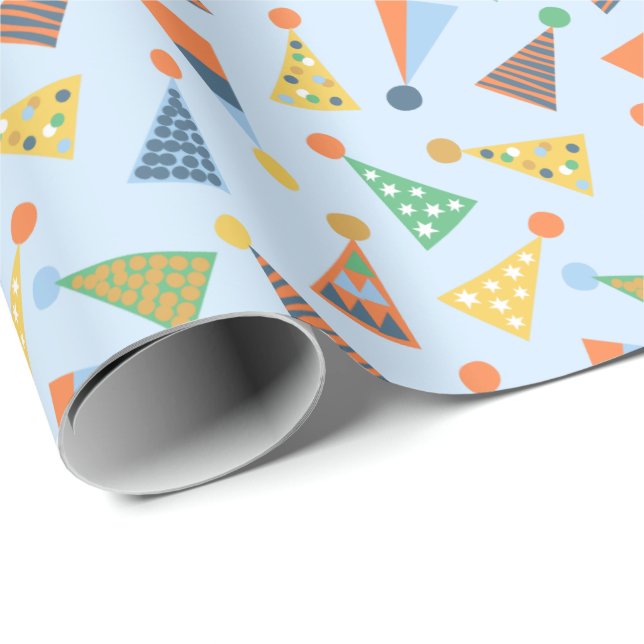 Cute Colorful Partyhats on light blue Presentpapper (Rullad Hörn)