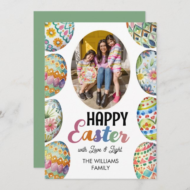 Cute Colorful Påskägg Photo Hälsning Grönt Julkort (Fram/baksida)