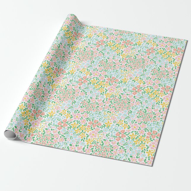 Cute Colorful Pastel Garden Flower Mönster Presentpapper (Utrullad)