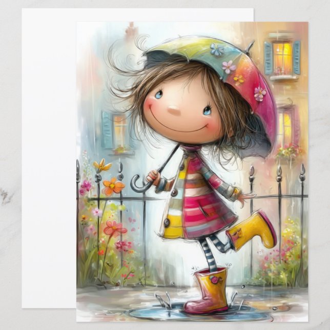 Cute Colorful Peculiar Rain Girl Scrapbook Paper (Fram/baksida)