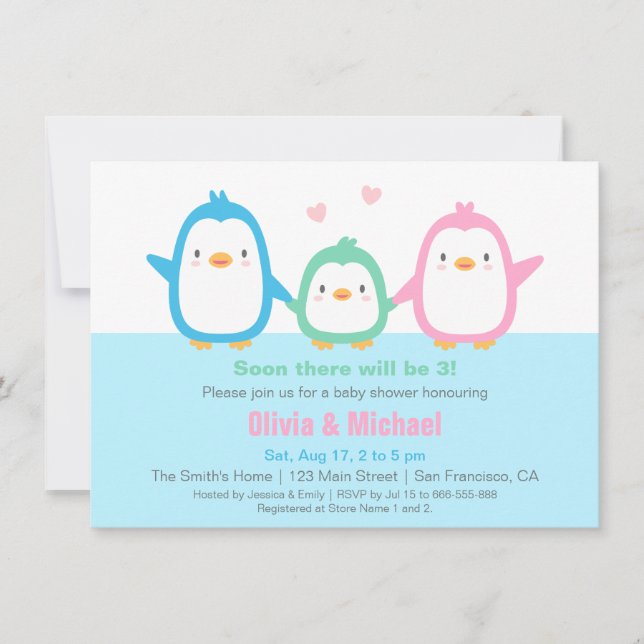 Cute Colorful Penguin Baby Shower-inbjudningar Inbjudningar (Framsida)