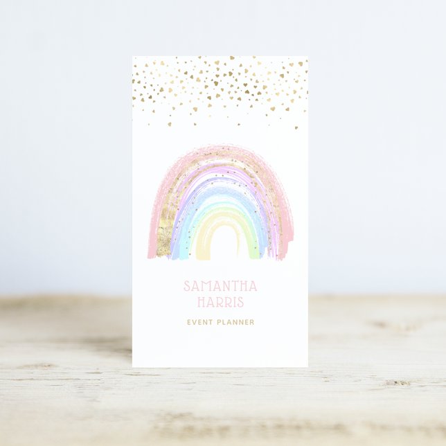 Cute Colorful Rainbow & Guld Heart Confetti Visitkort (Skapare uppladdad)