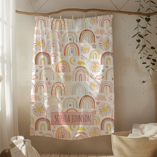 Cute Colorful Rainbows and Daisy Flowers Abstrakt Fleecefilt (In situ)