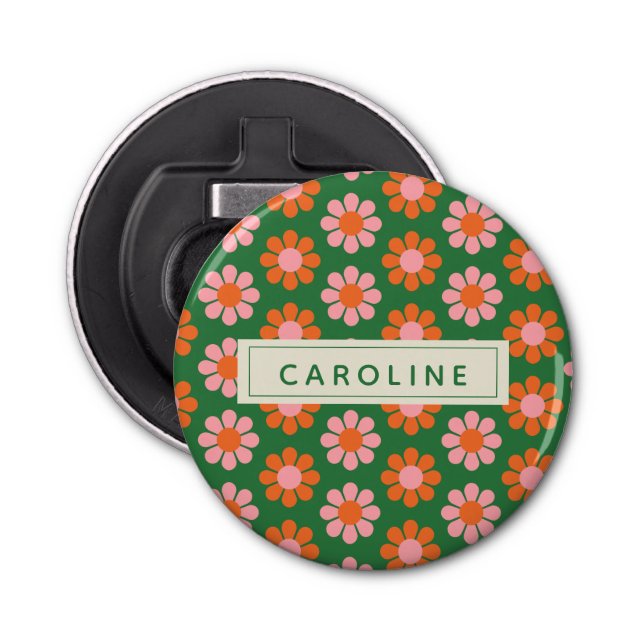Cute Colorful Retro Flower Mönster Grönt Rosa Namn Flasköppnare (Framsidan)