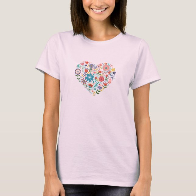 Cute Colorful Retro Flowers Heart Illustration Tee Shirt (Framsida)