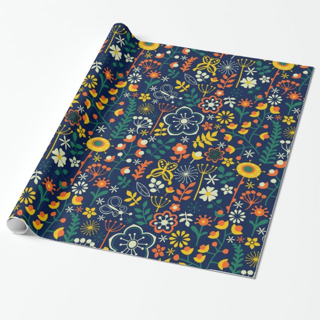 Cute Colorful Retro Flowers Seamless Mönster Presentpapper (Utrullad)