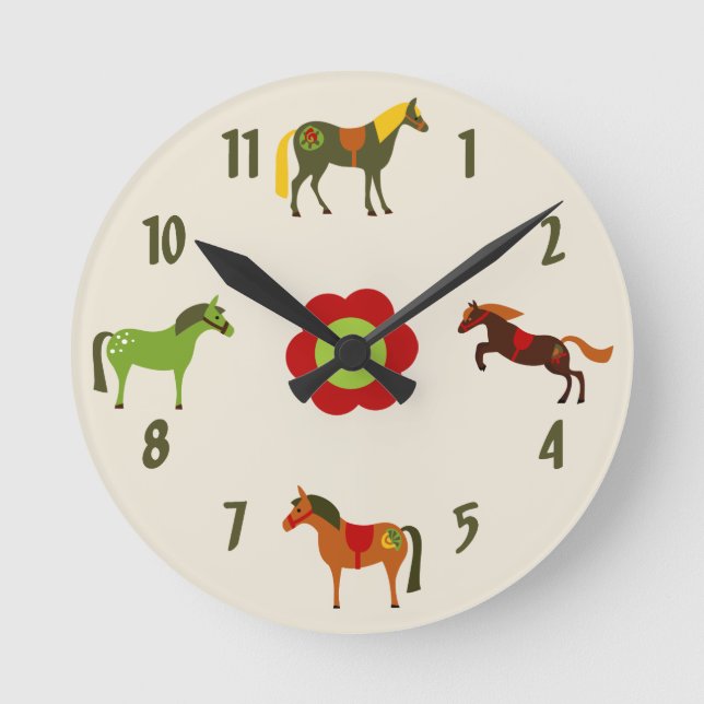 Cute Colorful Retro Ponies och Flower Horse Rund Klocka (Framsida)