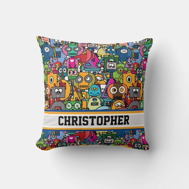 🤖 Cute Colorful robots med eget namn Kudde (Framsida)