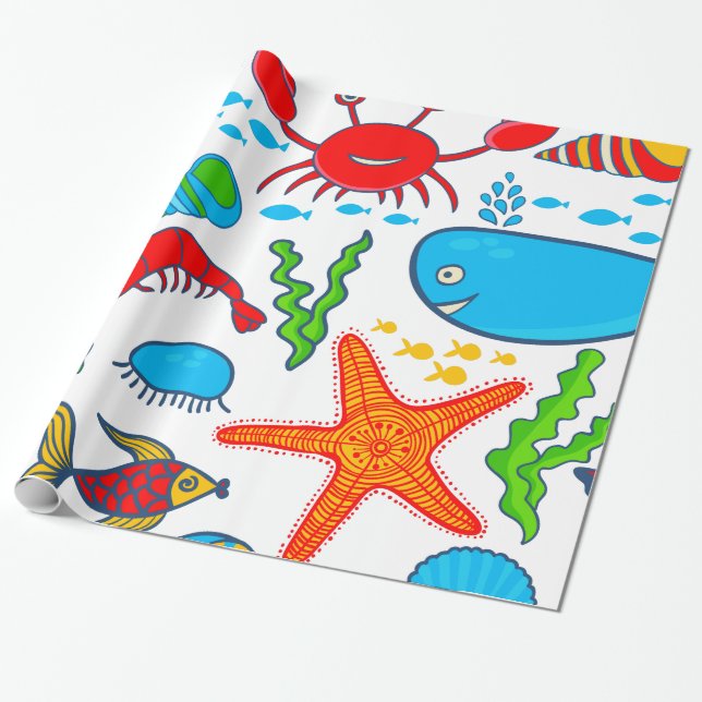 Cute Colorful Sea-Life Illustration Mönster Presentpapper (Utrullad)